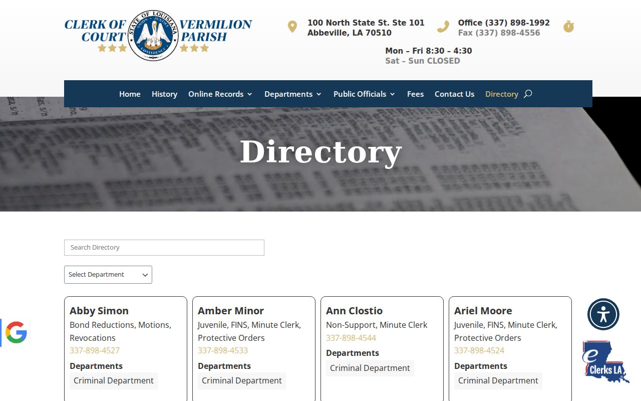 Vermilion Parish criminal court record Clerk directory and department contact lines