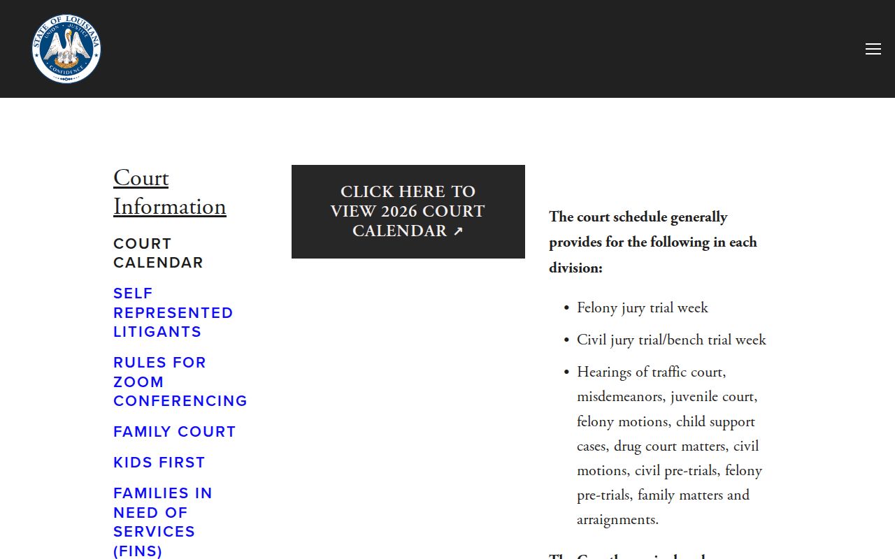 Vermilion Parish criminal court record calendar interface for the 15th Judicial District Court